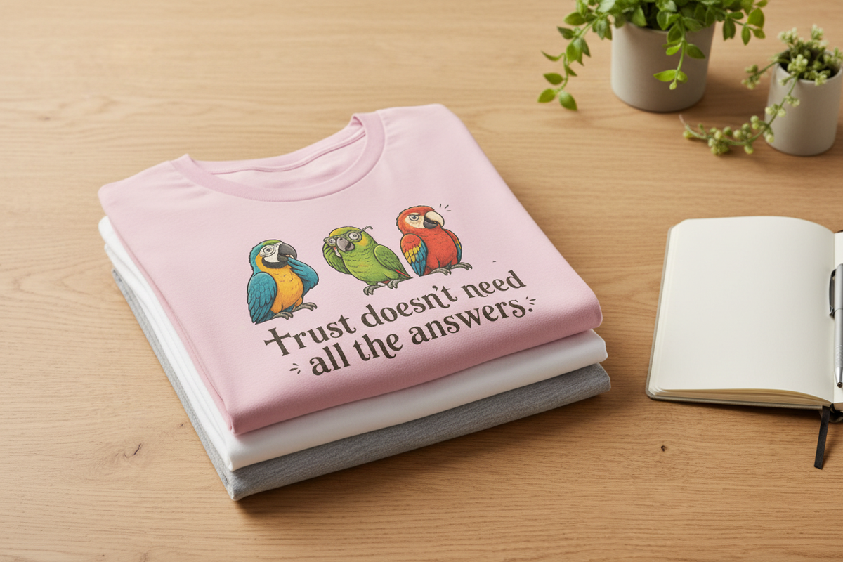 A folded t-shirt featuring the Trust Answers design on a clean, softly lit surface with greenery and a neutral notebook
